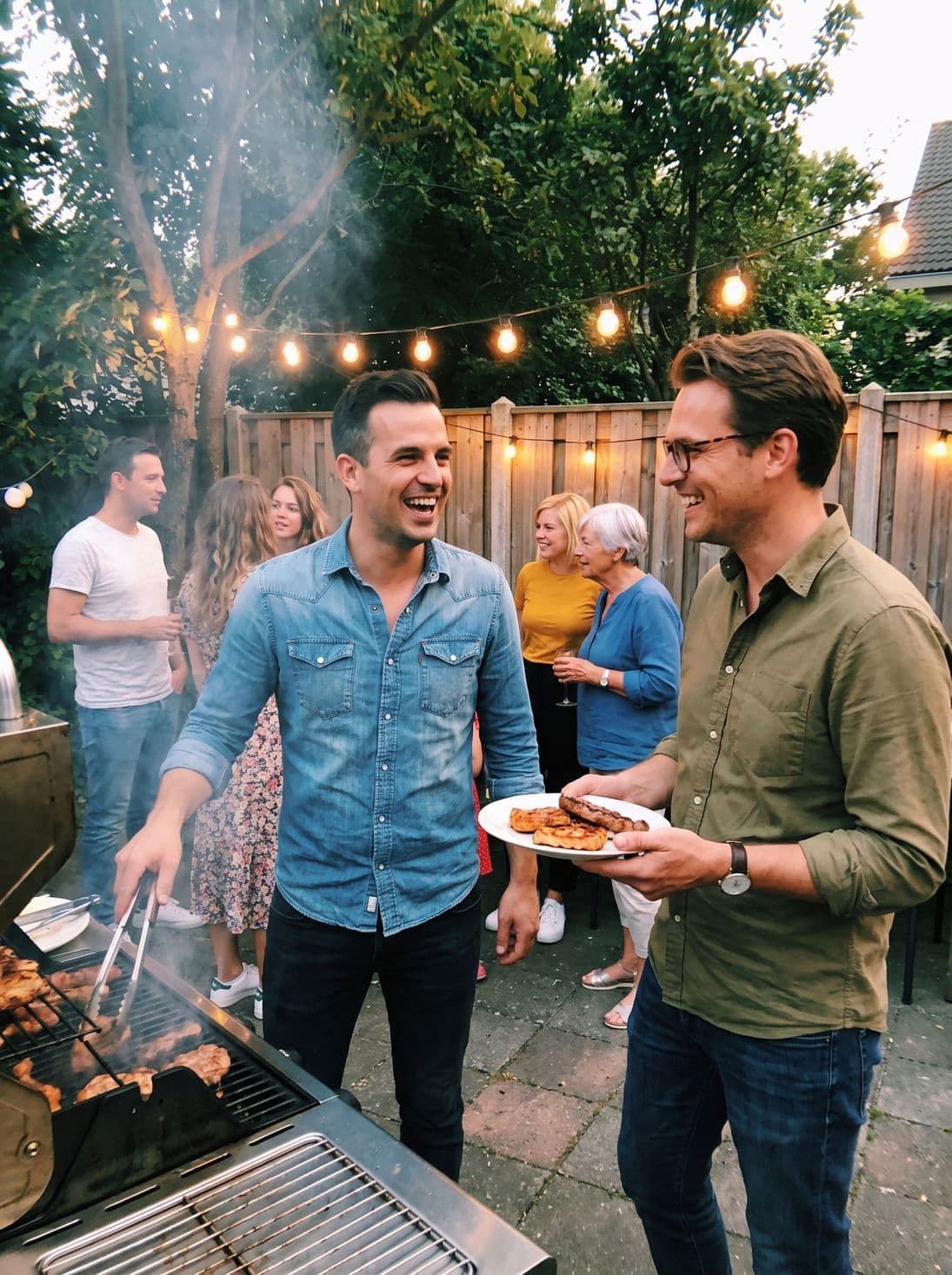 The barbecue smoking, plates at the ready