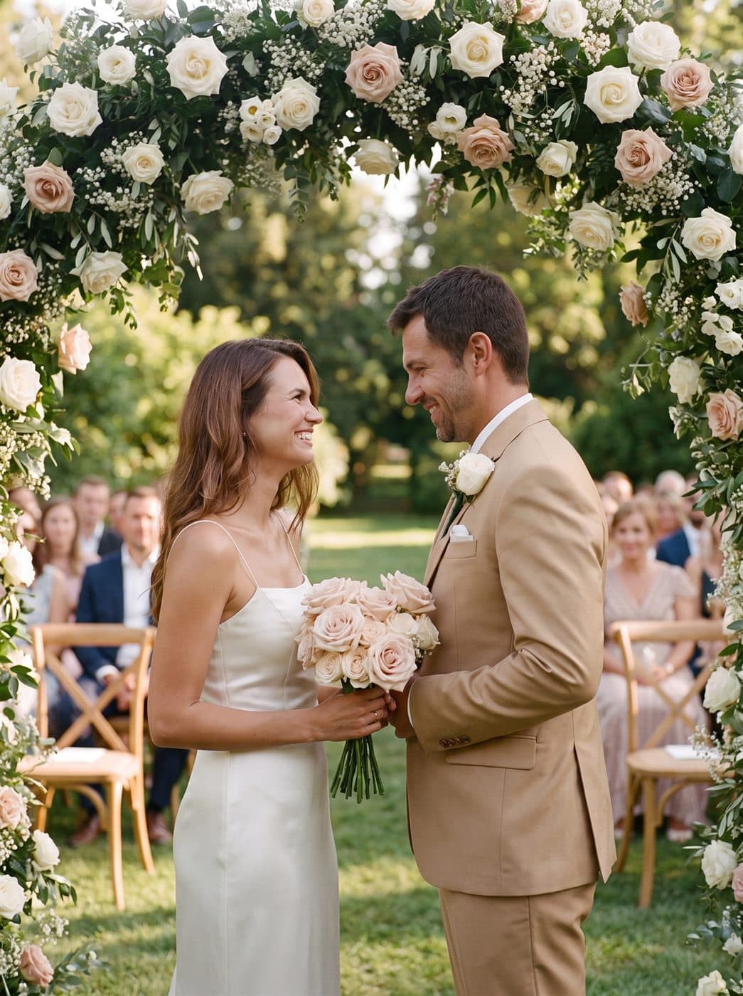 The vows beneath the flower arch