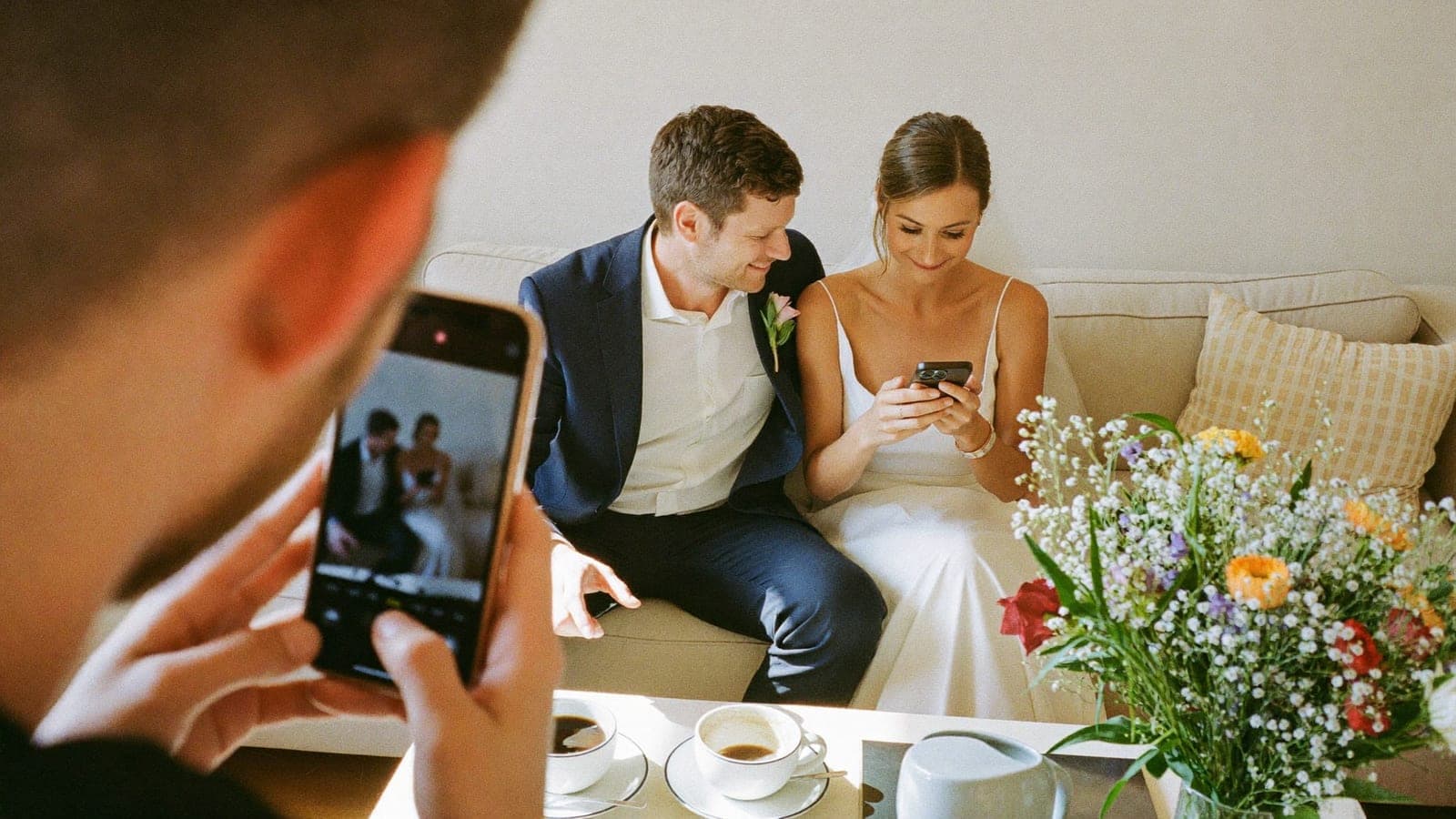 Das Brautpaar schaut am Morgen nach der Hochzeit gemeinsam Fotos auf dem Handy an