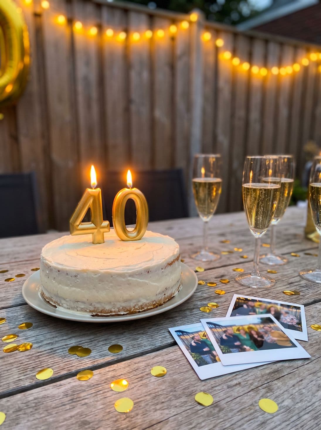 The birthday cake with golden 40 candles on the party table