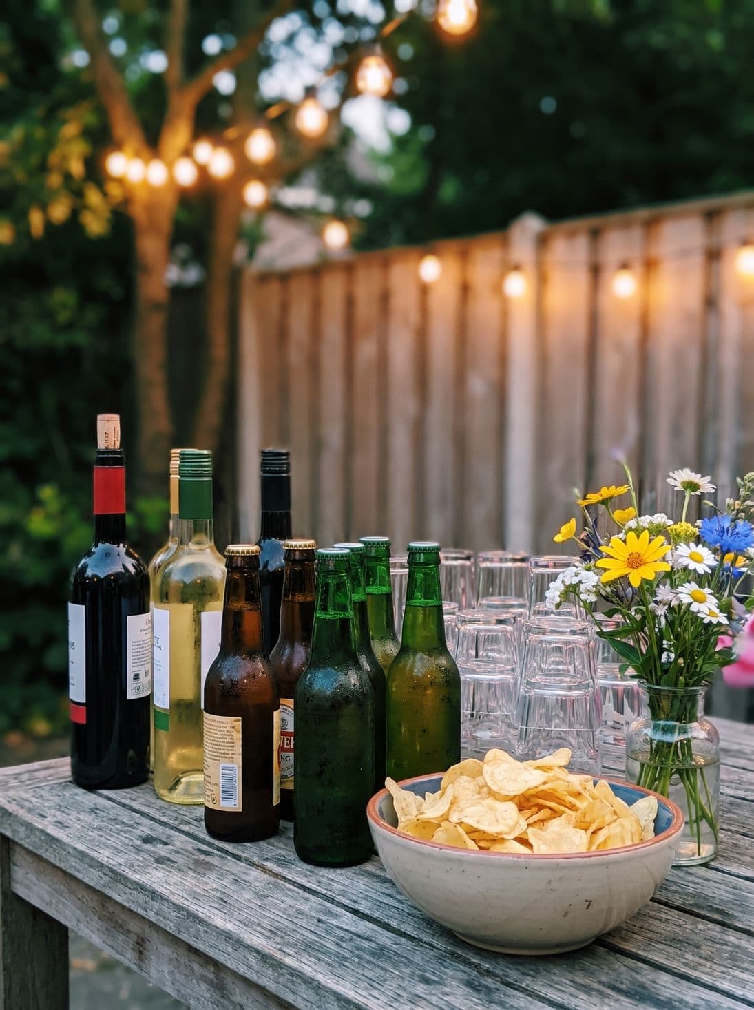 The drinks table with bottles and garden flowers