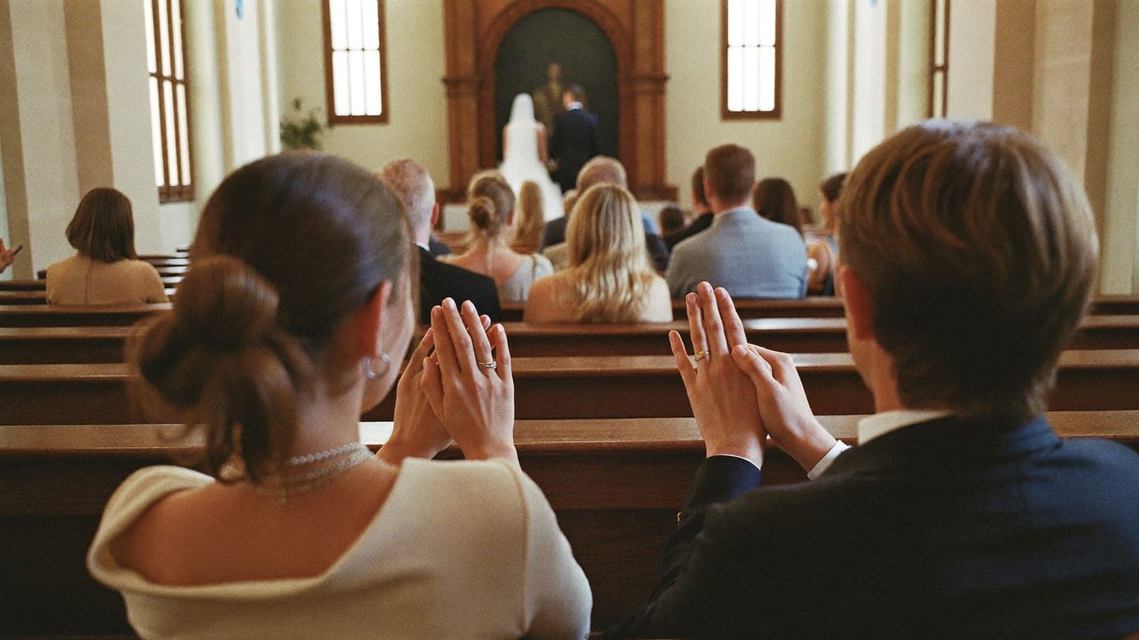 Los invitados en los bancos de la iglesia miran a los novios, sin móviles en las manos