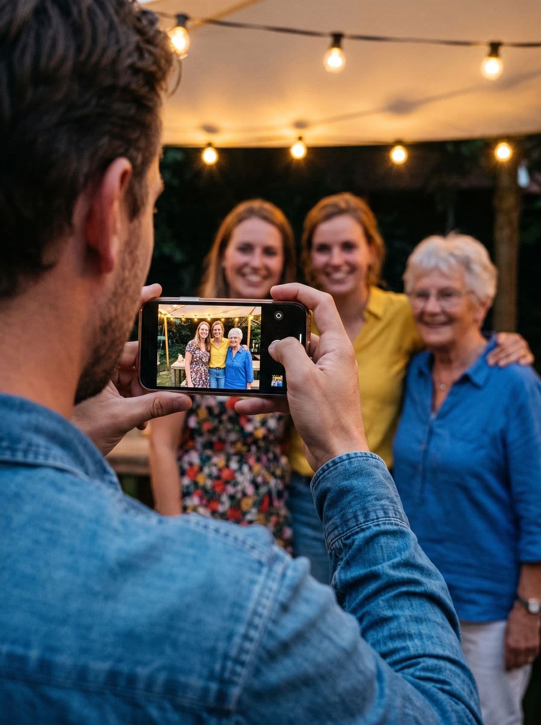 A guest photographs the group under the lights