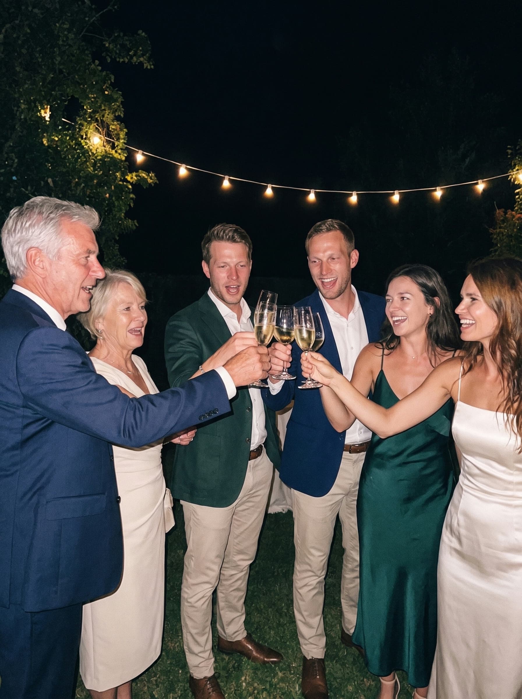 Guests raising a toast and taking photos at a wedding