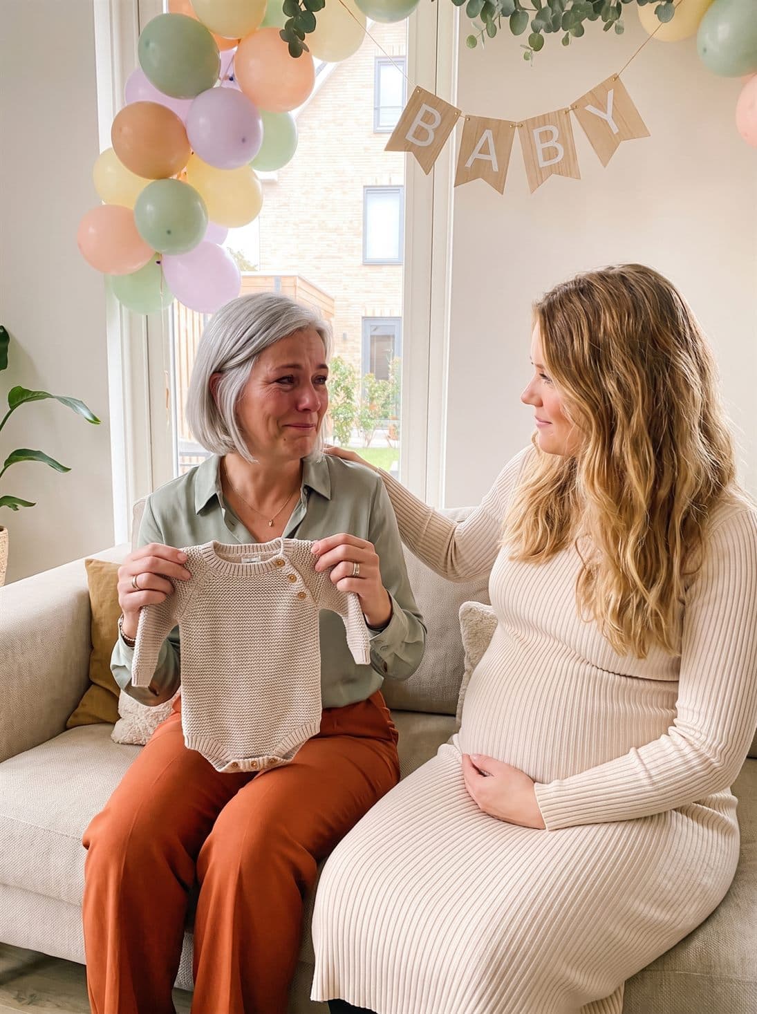 The grandma-to-be with the baby outfit